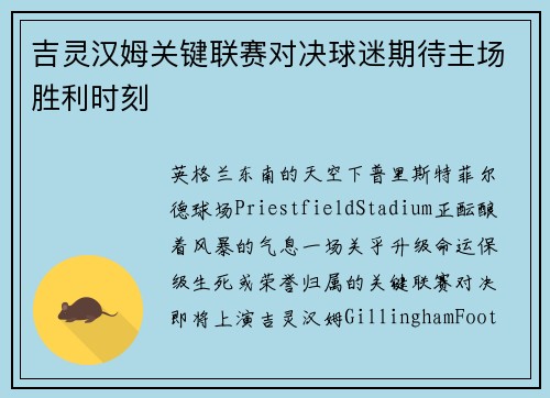 吉灵汉姆关键联赛对决球迷期待主场胜利时刻